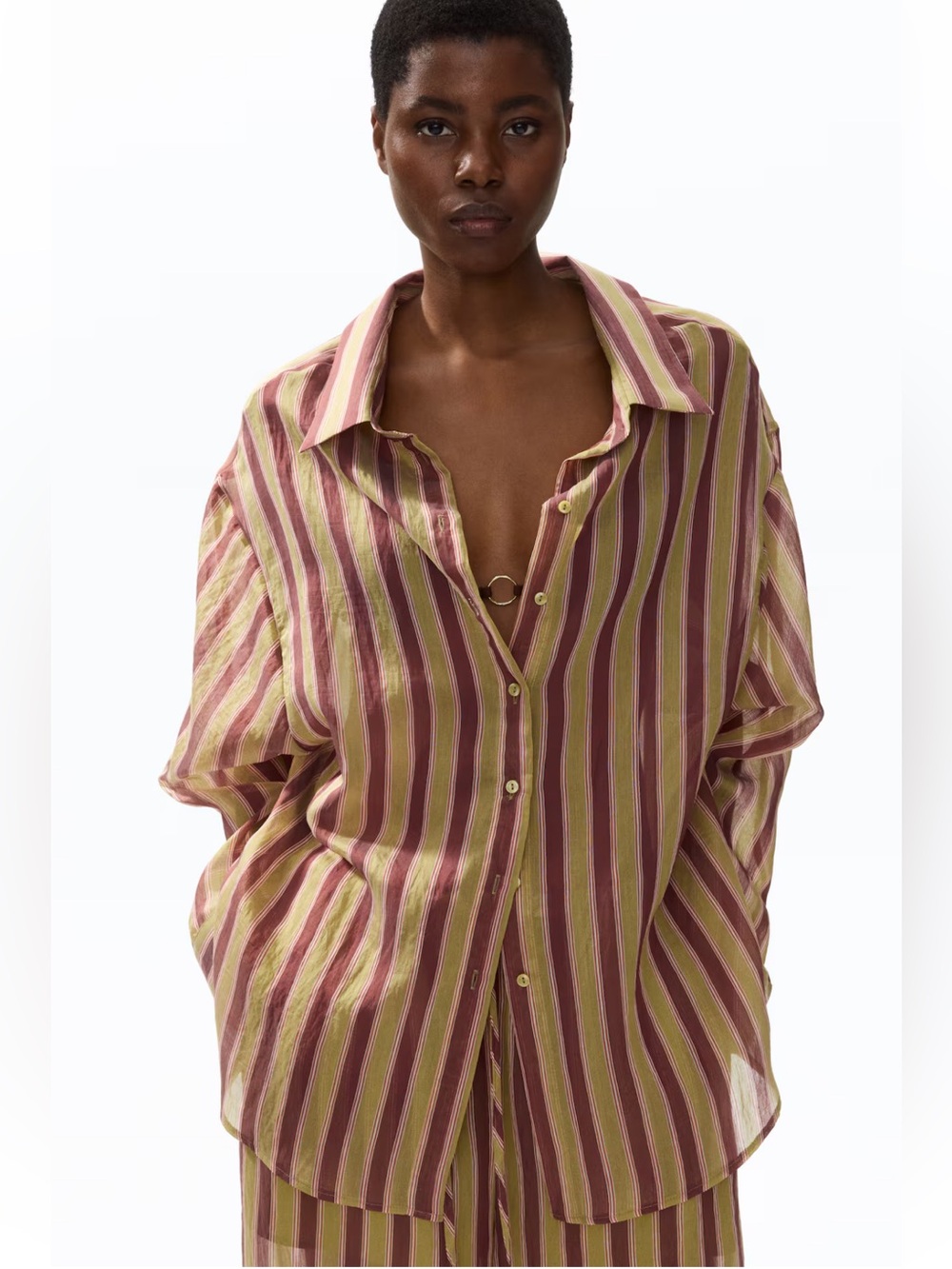 H&M NWT DARK BEIGE BURGUNDY STRIPPED OVERSIZED LYOCELL-BLEND SHIRT